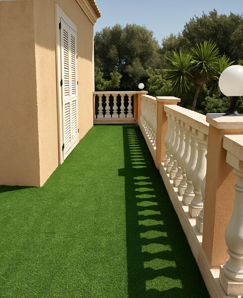 Petit balcon avec balsutres et fausse pelouse