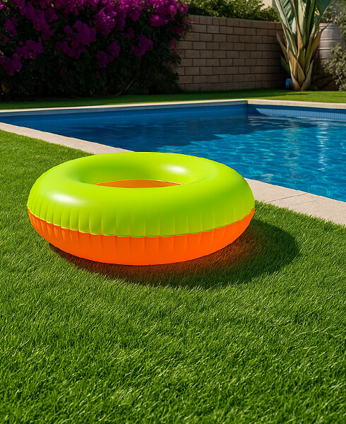 Bouée de piscine gonflable posée sur un gazon synthétique