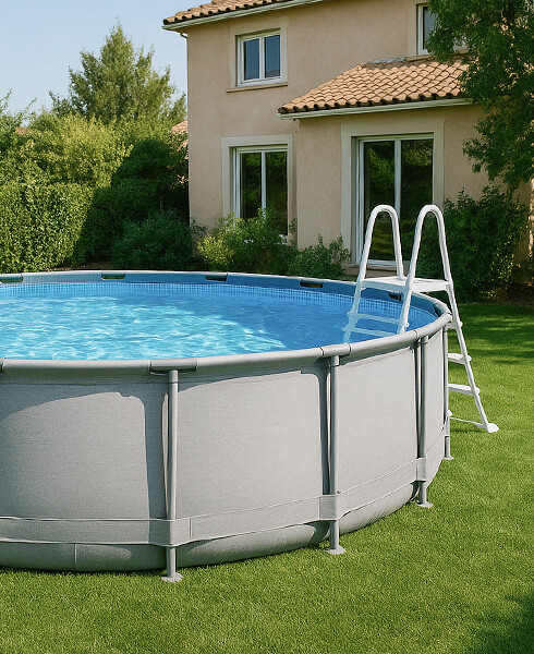 Piscine hors sol posée sur une pelouse synthétique